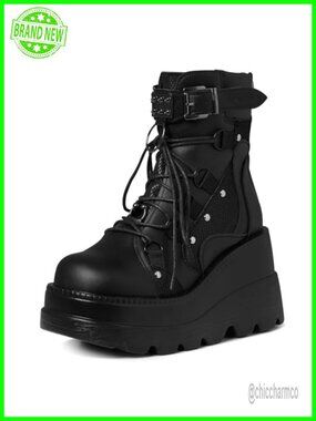 Vegan PU Leather Goth Platform Ankle Boots Chunky Wedge Heel Rave